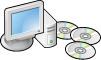 Installations-CDs neben Computer (Fedora-Icon)